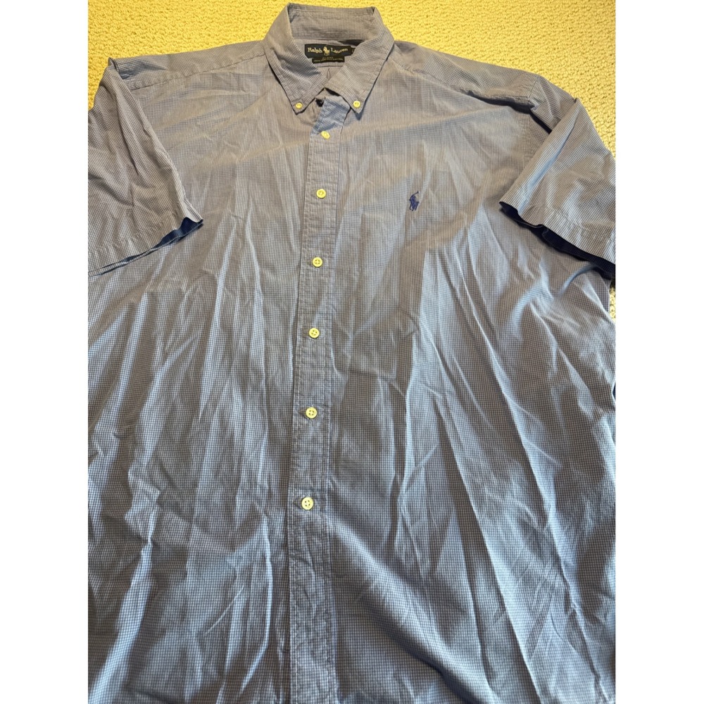 Ralph Lauren Blake Blue White Micro Check Cotton Shirt XL Short Sleeve Vintage